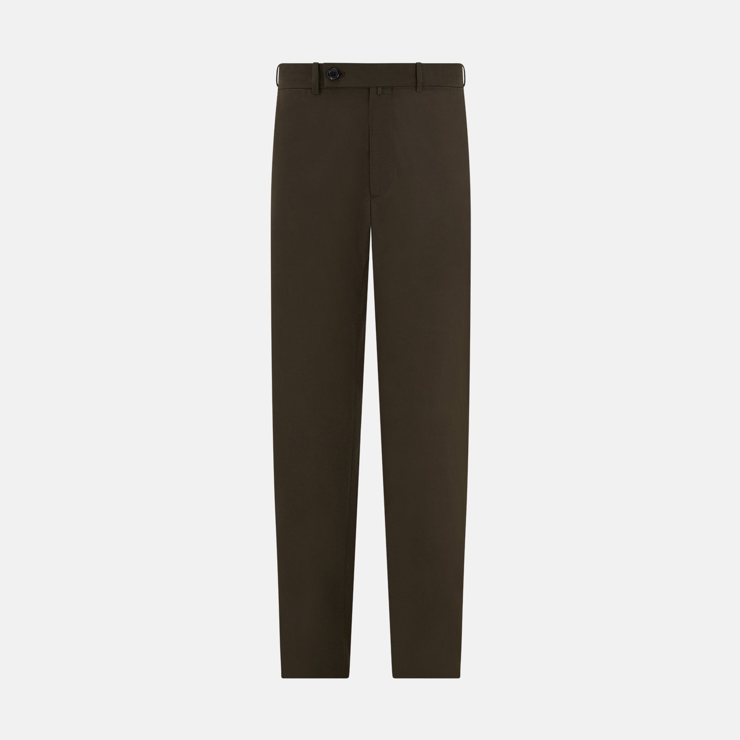 View 1 of product A pair of straight-leg Moss Green Winston Trousers by Turnbull & Asser in high-twist cotton with belt loops, button closure, and side pockets, displayed on a plain white background.