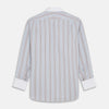 View 5 of product Turnbull & Asser's Beige Multi Stripe Cotton Regular Fit Penrose Shirt features blue, beige, and white vertical stripes with a crisp white collar and cuffs. Displayed on a plain background.