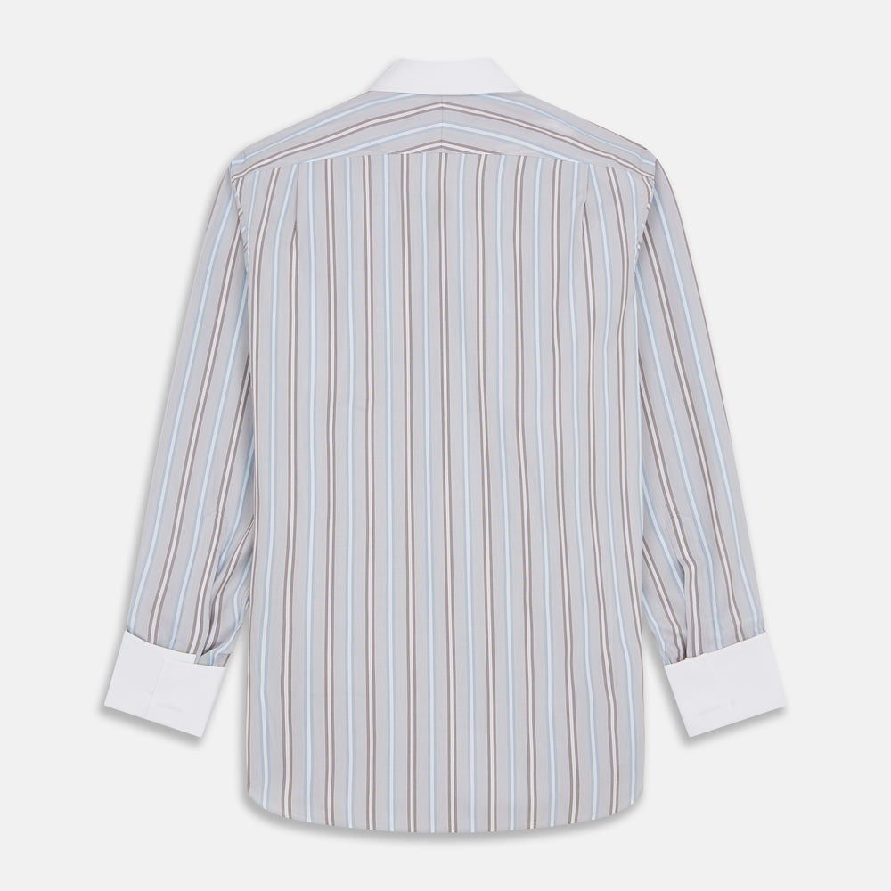 Turnbull & Asser's Beige Multi Stripe Cotton Regular Fit Penrose Shirt features blue, beige, and white vertical stripes with a crisp white collar and cuffs. Displayed on a plain background.