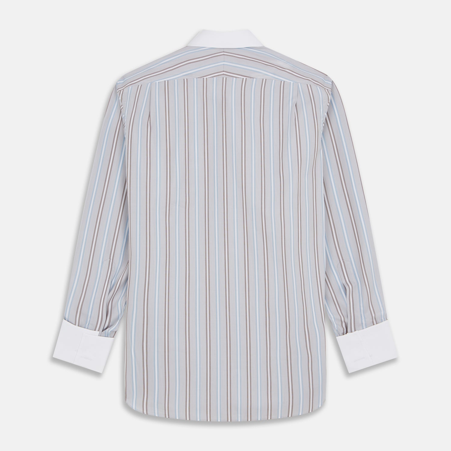 View 5 of product Turnbull & Asser's Beige Multi Stripe Cotton Regular Fit Penrose Shirt features blue, beige, and white vertical stripes with a crisp white collar and cuffs. Displayed on a plain background.