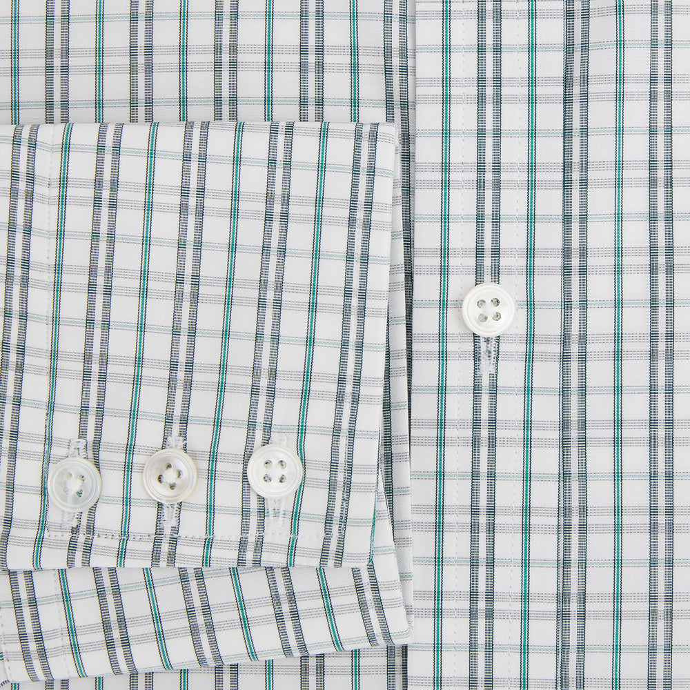 The Turnbull & Asser Sage Green Multi Check Mayfair Shirt is a long-sleeved, button-up shirt with a spread collar, crafted from premium Italian cotton and displayed on a white background.