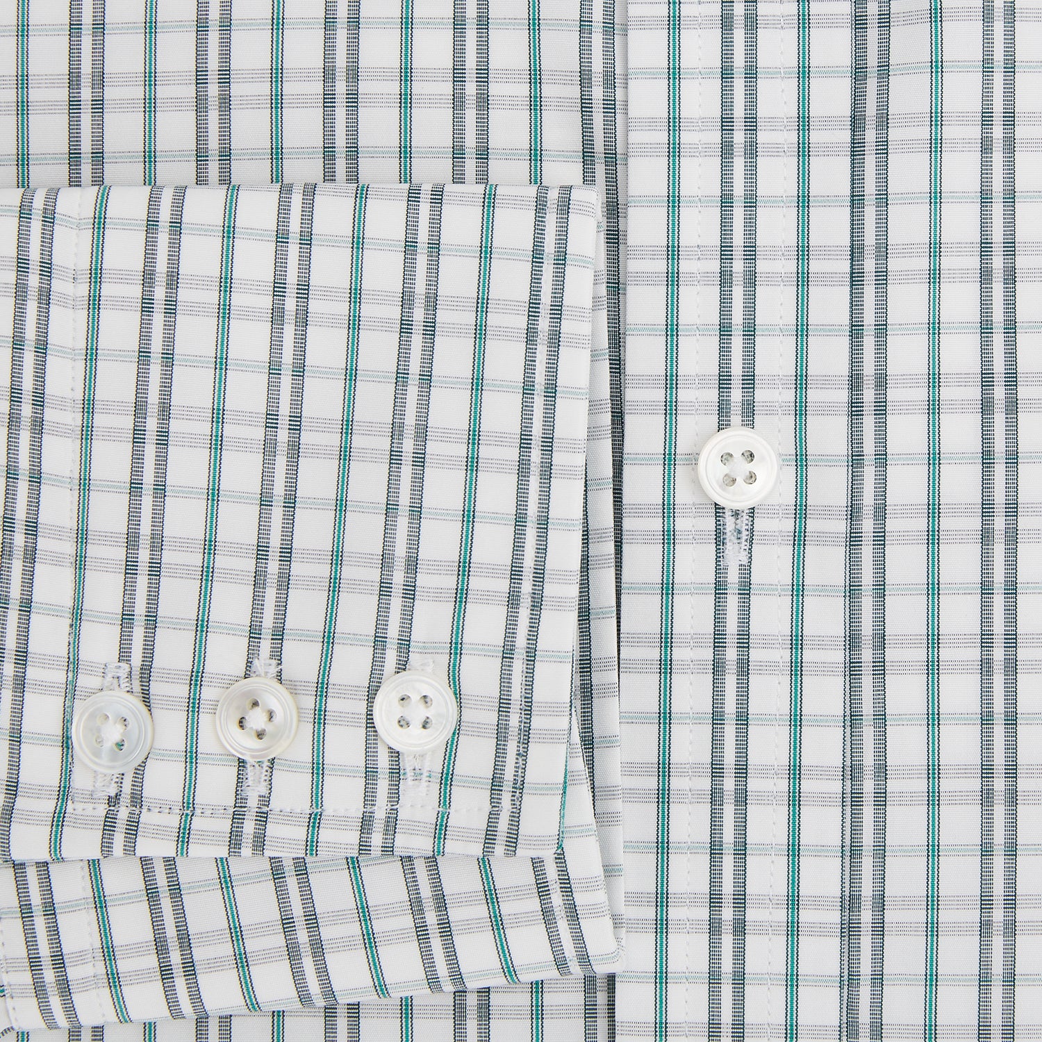 View 4 of product The Turnbull & Asser Sage Green Multi Check Mayfair Shirt is a long-sleeved, button-up shirt with a spread collar, crafted from premium Italian cotton and displayed on a white background.