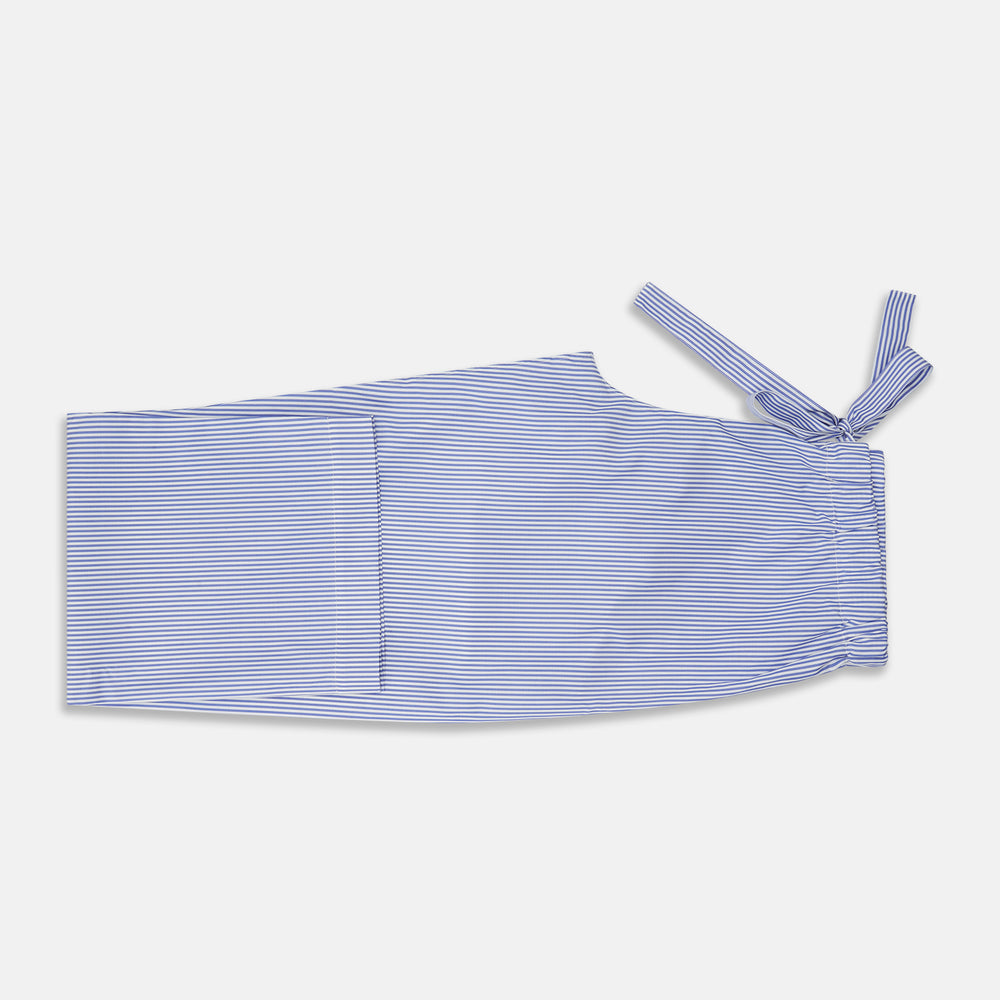 The Turnbull & Asser Women's Harriet Blue Bengal Stripe Pyjama Set features premium cotton, a long-sleeve button-up top with chest pocket, and drawstring pants—an ideal gift option.