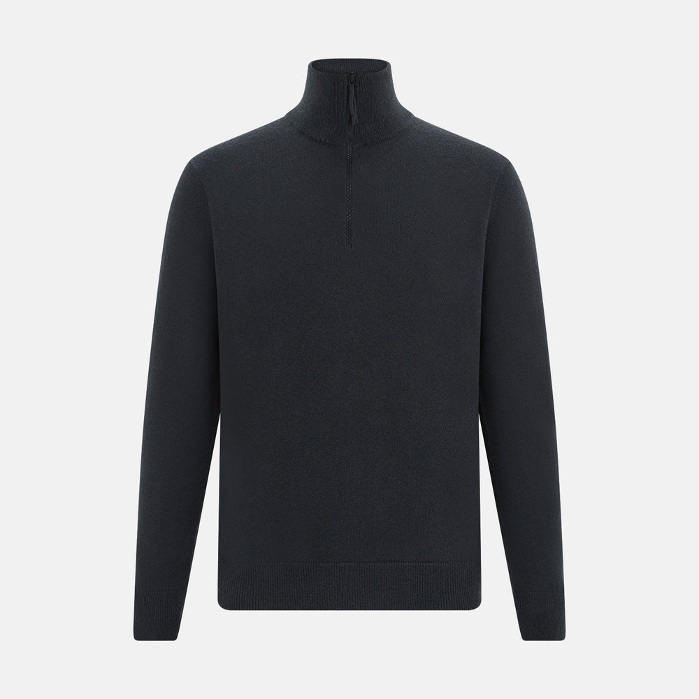 The Turnbull & Asser Smoke Grey Half-Zip Cashmere Jumper features long sleeves, a high collar, and a half-zip design, displayed against a plain white background.