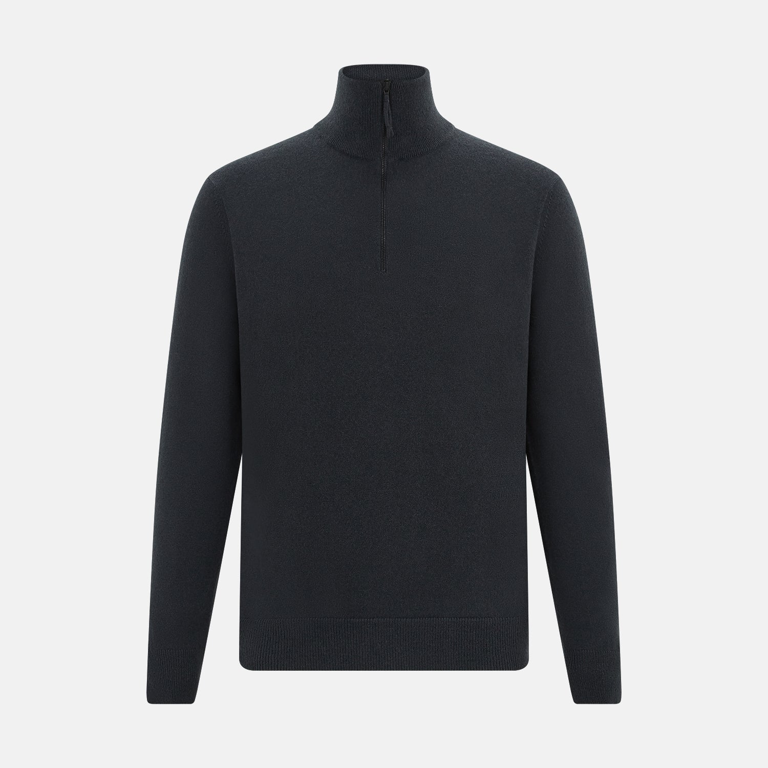 View 1 of product The Turnbull & Asser Smoke Grey Half-Zip Cashmere Jumper features long sleeves, a high collar, and a half-zip design, displayed against a plain white background.