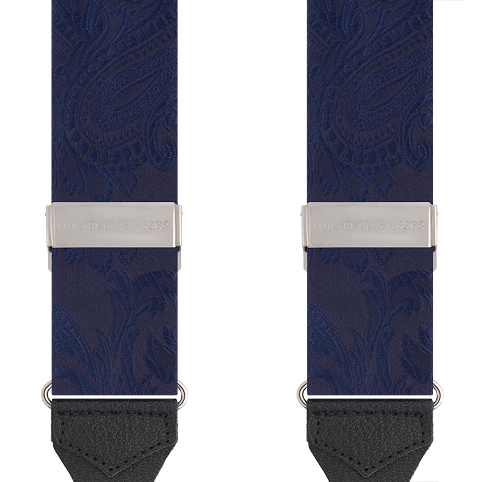 View 2 of product Turnbull & Asser’s Navy Paisley Adjustable Silk Braces feature subtle paisley patterns, silver hardware, and black leather ends with looped attachments, shown laid flat on a white background.