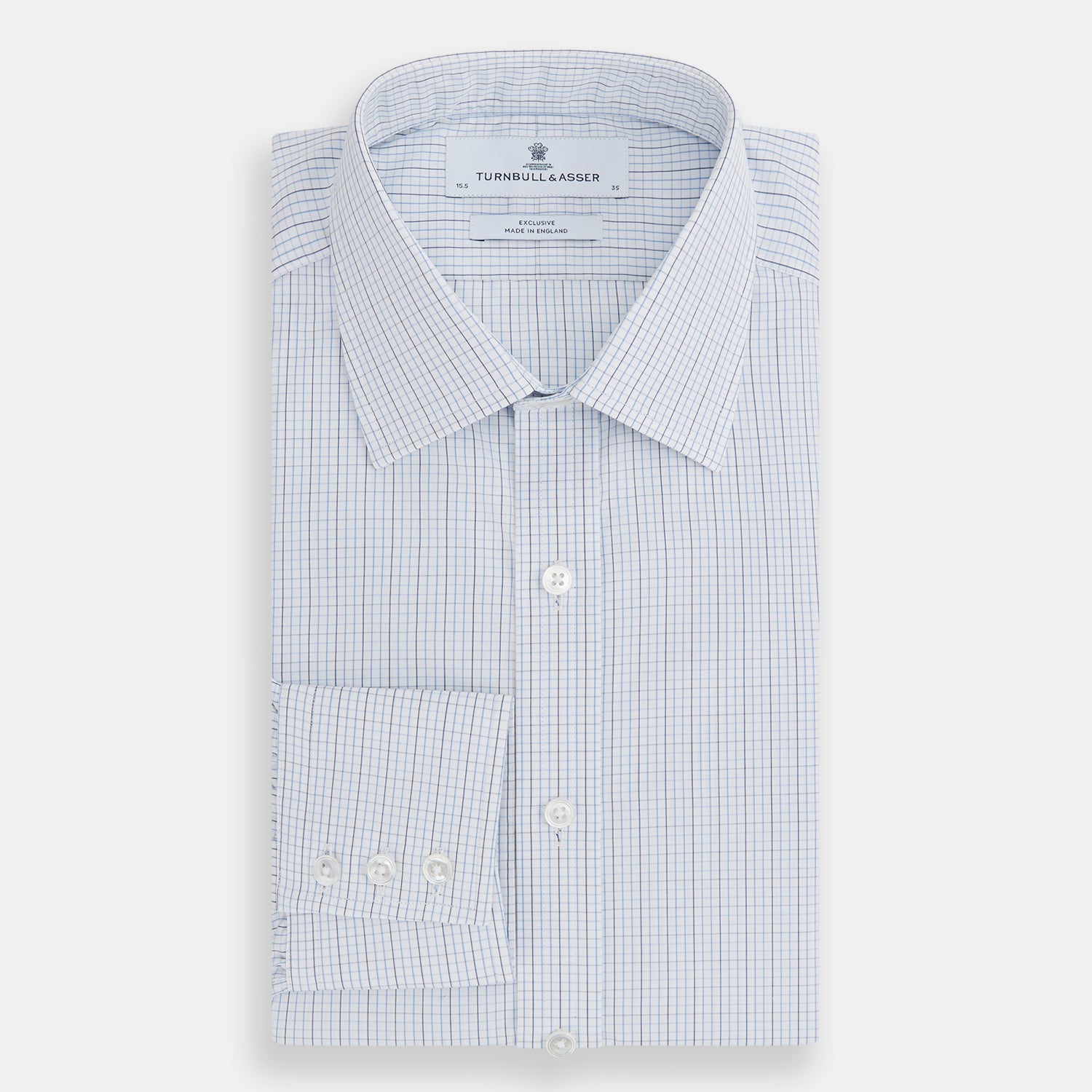 View 5 of product The Turnbull & Asser Pale Blue and Navy Grid Check Mayfair Shirt is a long-sleeve, button-up shirt made from fine Italian cotton, featuring a pointed collar and buttoned cuffs, shown against a plain white background.