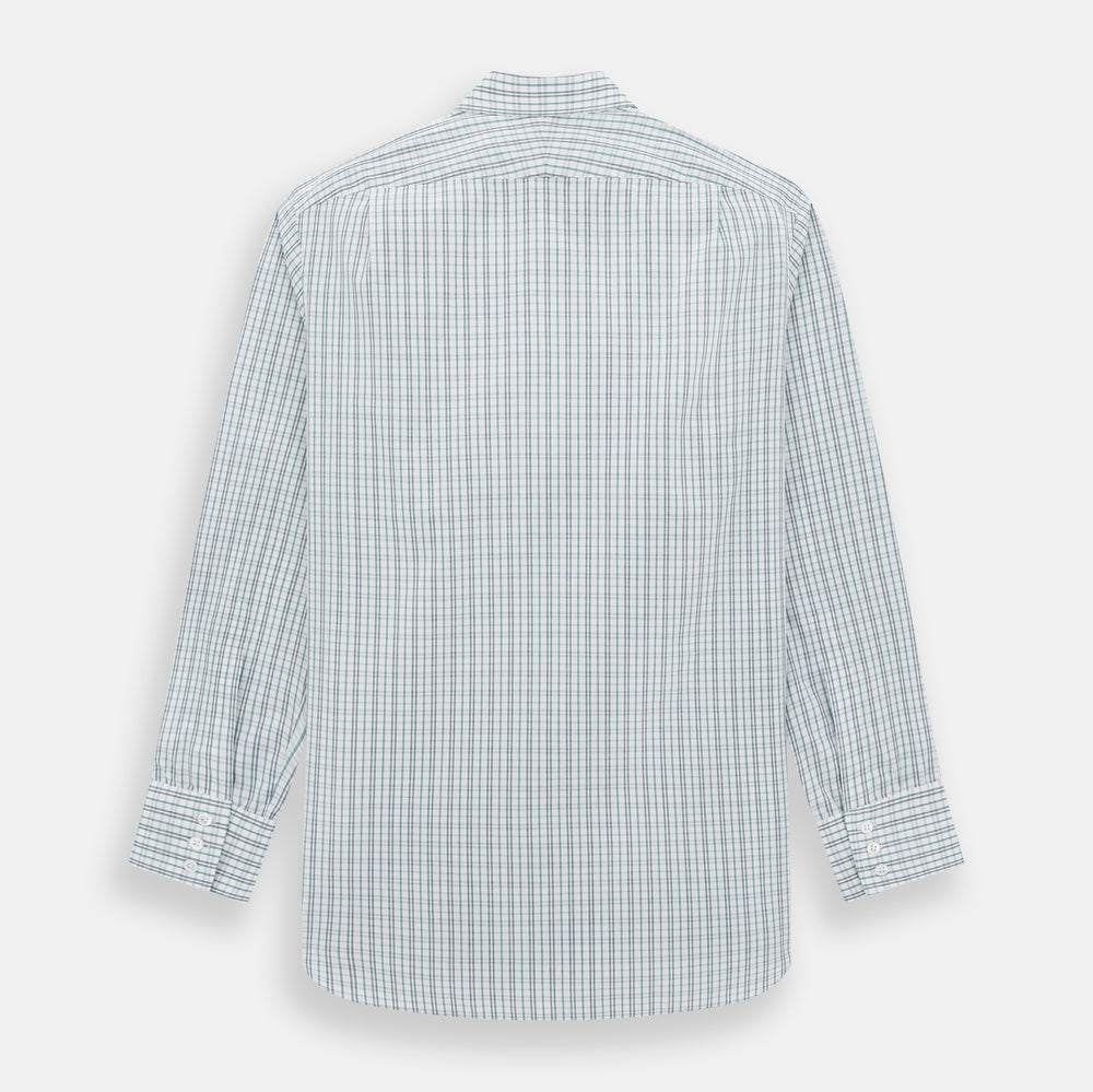The Turnbull & Asser Sage Green Multi Check Mayfair Shirt is a long-sleeved, button-up shirt with a spread collar, crafted from premium Italian cotton and displayed on a white background.