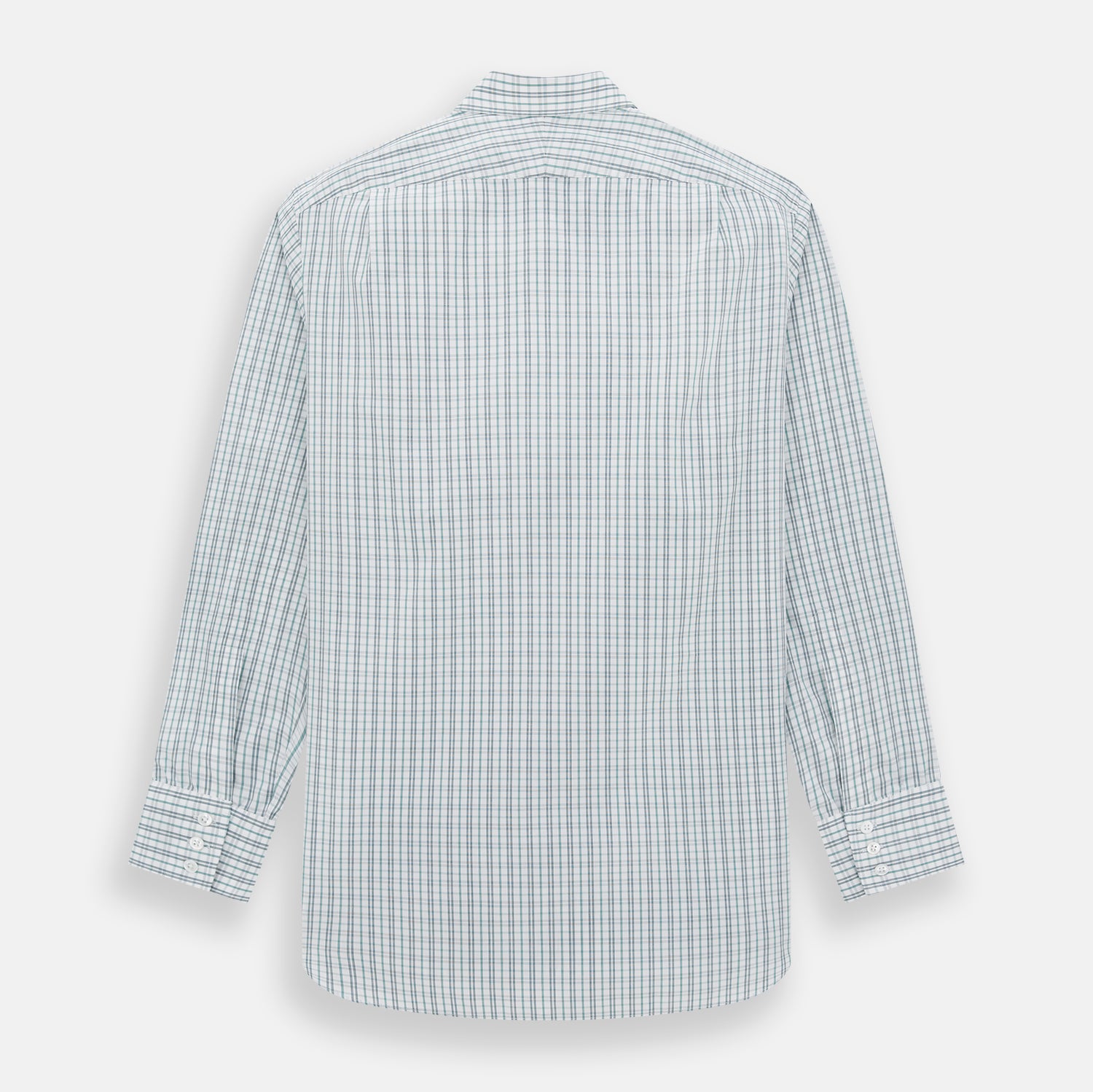 View 3 of product The Turnbull & Asser Sage Green Multi Check Mayfair Shirt is a long-sleeved, button-up shirt with a spread collar, crafted from premium Italian cotton and displayed on a white background.