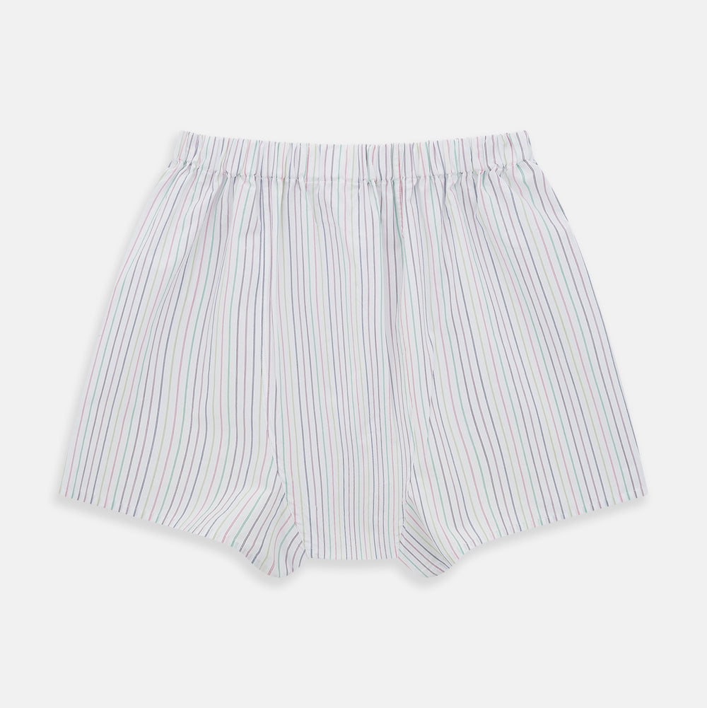Turnbull & Asser's Rainbow Stripe Godfrey Boxer Shorts are luxury men's underwear made from Italian cotton, featuring a loose fit, elastic waistband, and blue, red, and green vertical stripes on white.
