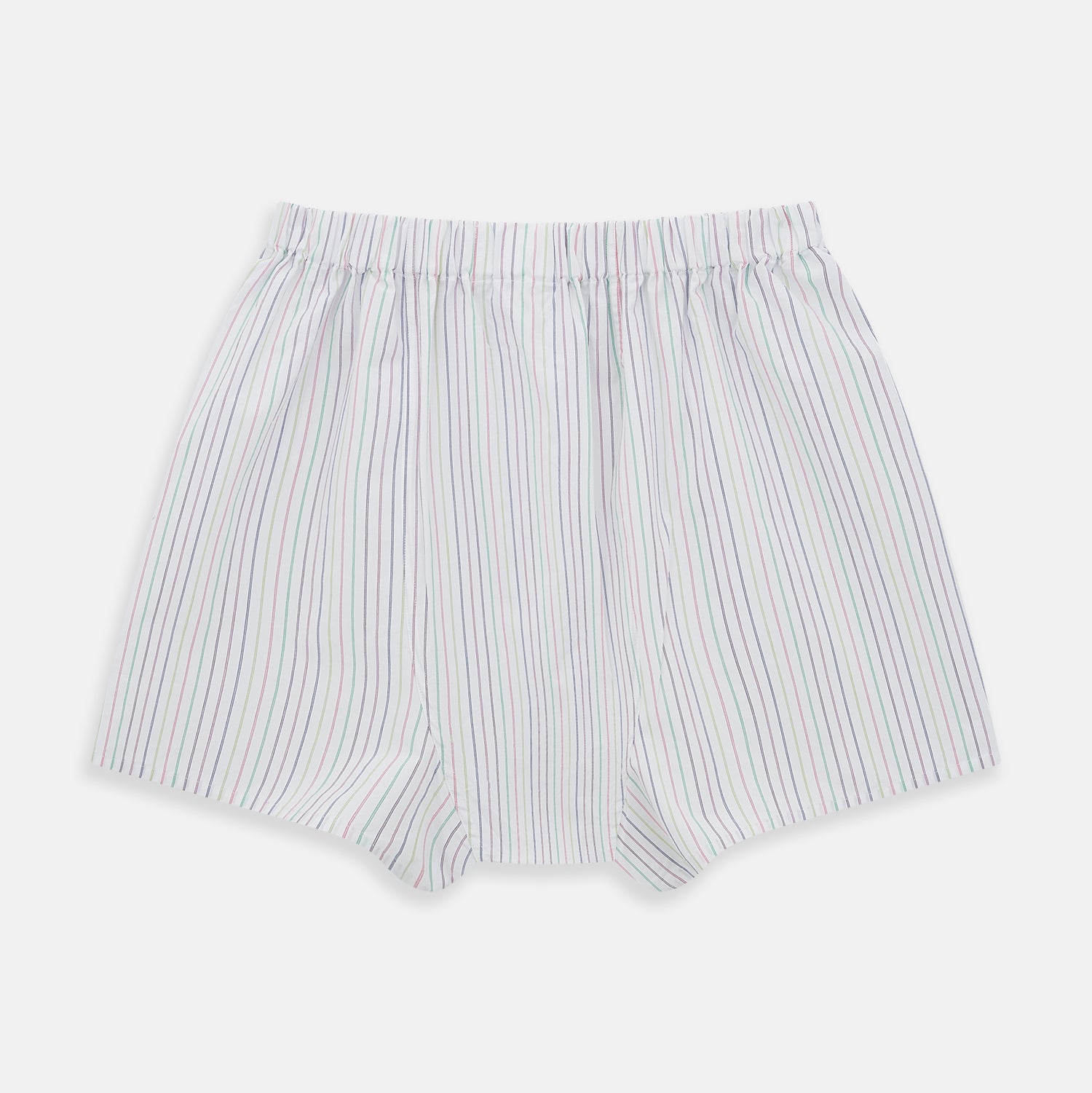 View 2 of product Turnbull & Asser's Rainbow Stripe Godfrey Boxer Shorts are luxury men's underwear made from Italian cotton, featuring a loose fit, elastic waistband, and blue, red, and green vertical stripes on white.
