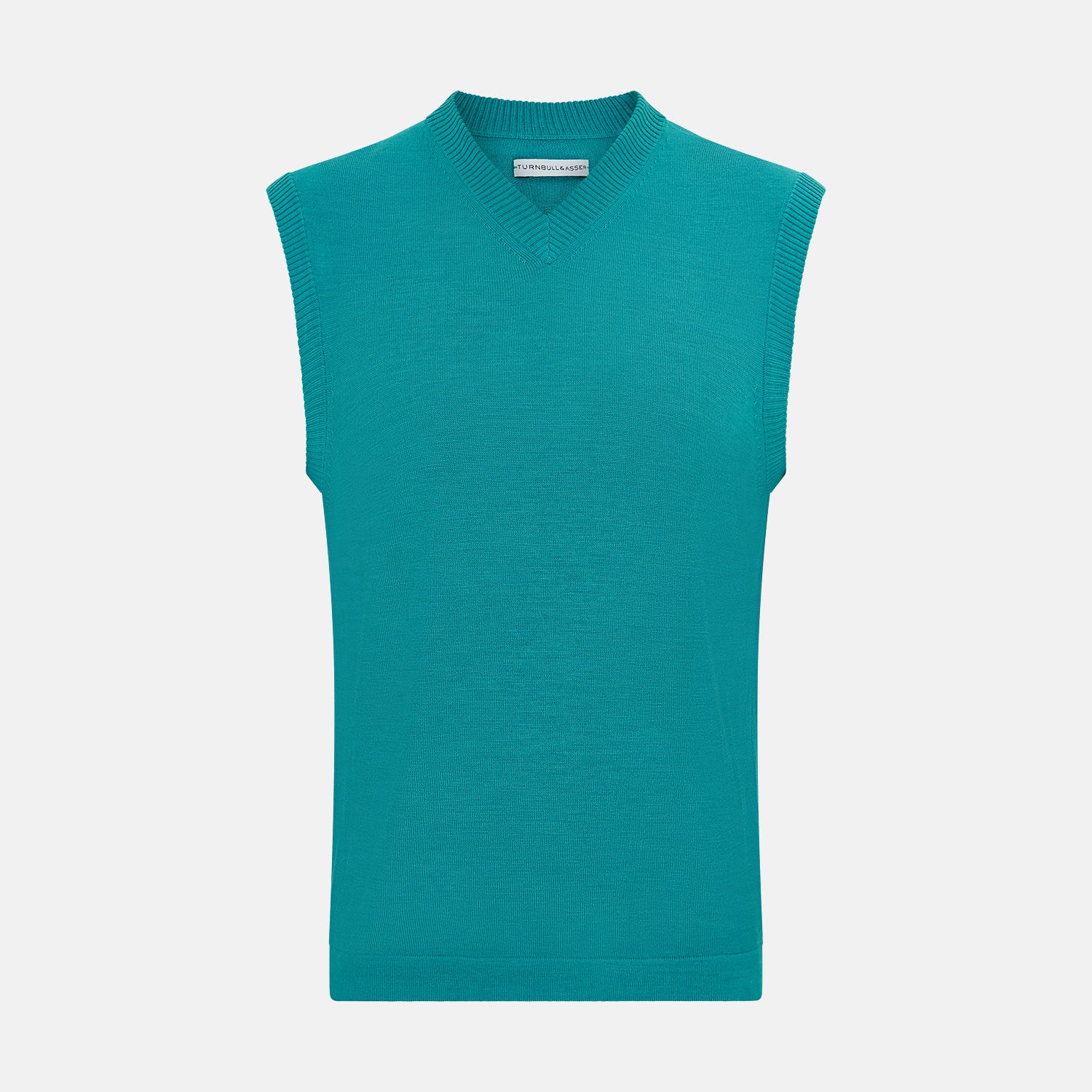 View 1 of product Turnbull & Asser's Turquoise Fine Merino V-Neck Vest features ribbed edges and a sleeveless design, ideal for a refined look, shown against a plain white background.