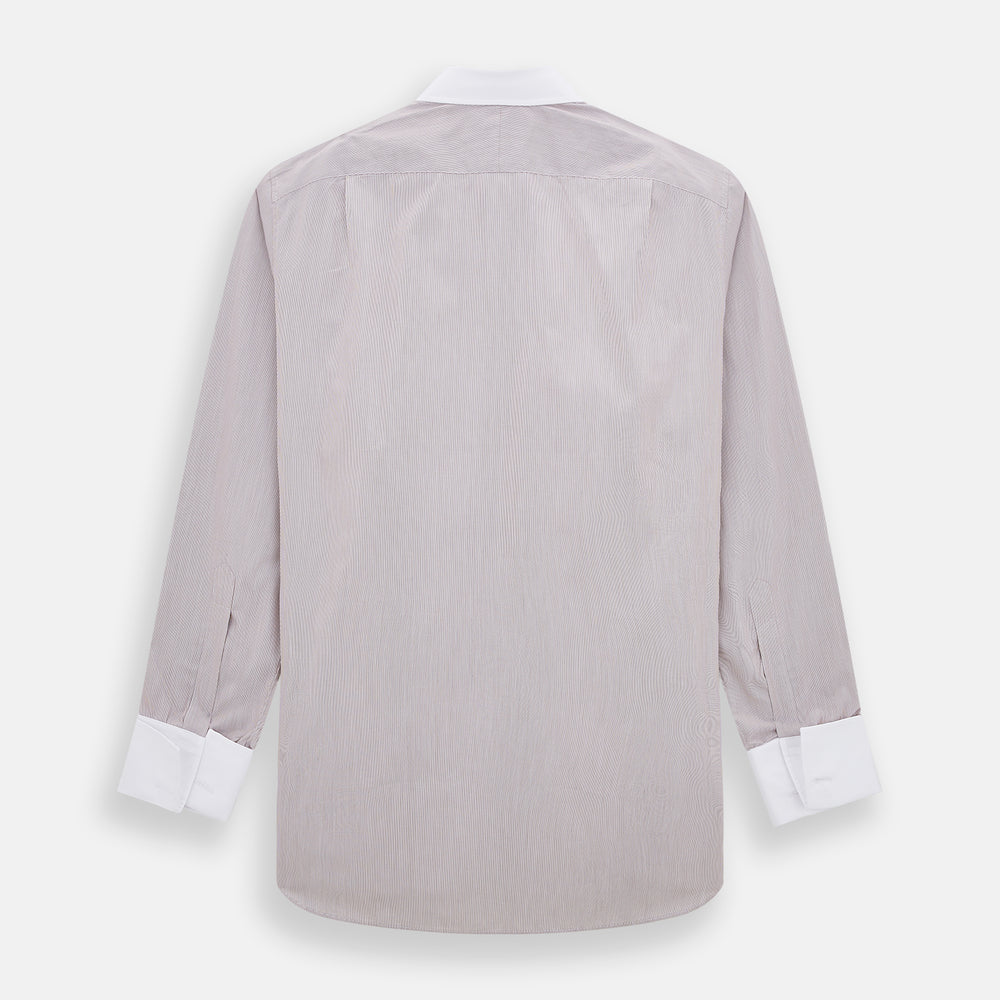 A Turnbull & Asser Burgundy Hairline Stripe Shirt with a contrast white collar and double cuffs, showcasing a tailored fit and button-down front, displayed against a plain white background.