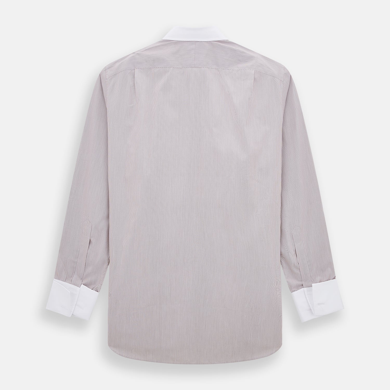 View 3 of product A Turnbull & Asser Burgundy Hairline Stripe Shirt with a contrast white collar and double cuffs, showcasing a tailored fit and button-down front, displayed against a plain white background.