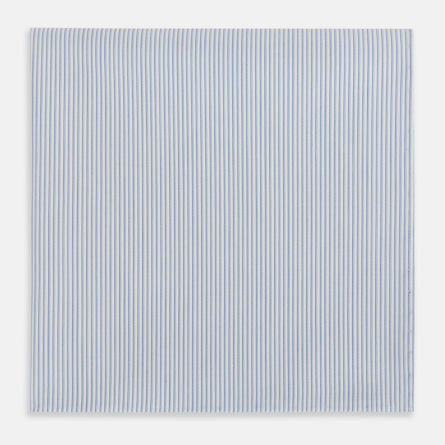 View 1 of product The Turnbull & Asser Sky Blue Hairline Stripe Hand-Rolled Handkerchief, featuring thin blue and white stripes and hand-rolled edges, is displayed flat on a white background.