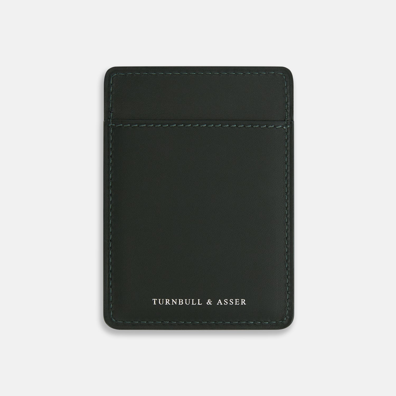 View 1 of product A slim, forest green Italian leather card case with visible stitching and TURNBULL & ASSER in white at the bottom, this minimalist accessory features a refined two-slot design against a plain white background.