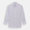 View 1 of product The Turnbull & Asser Purple Plaid Check Mayfair Shirt is a long-sleeve button-down with a pointed T&A collar, featuring a purple and blue plaid pattern on white.