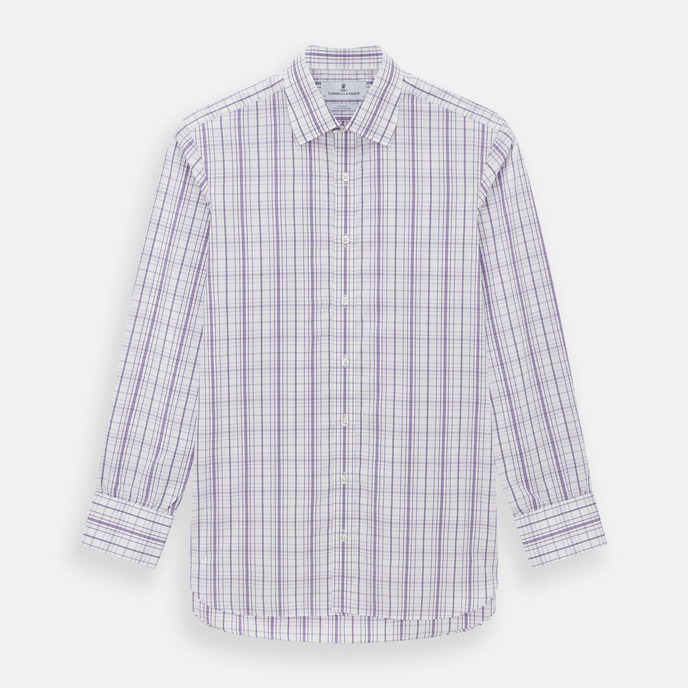 The Turnbull & Asser Purple Plaid Check Mayfair Shirt is a long-sleeve button-down with a pointed T&A collar, featuring a purple and blue plaid pattern on white.