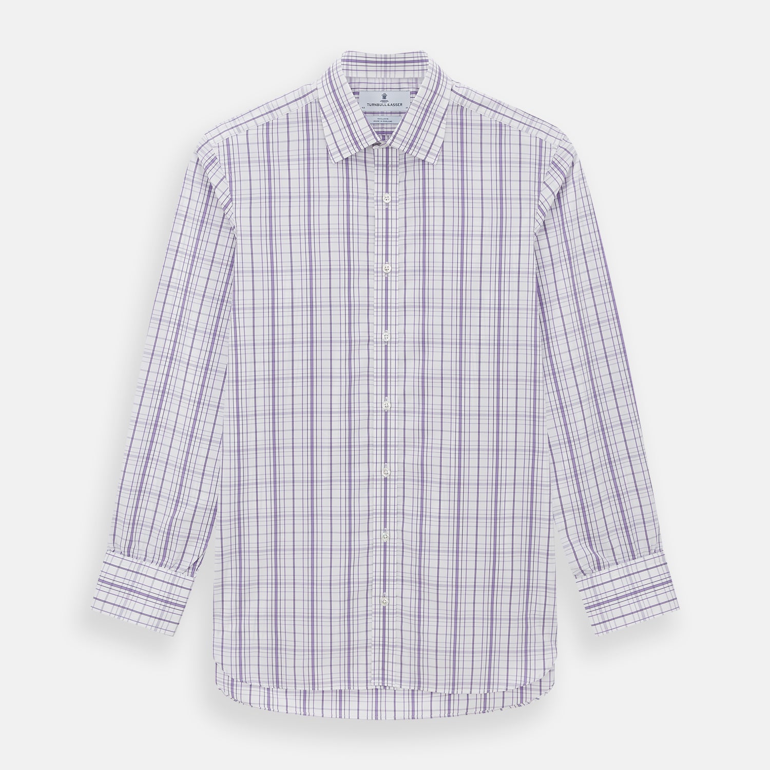View 1 of product The Turnbull & Asser Purple Plaid Check Mayfair Shirt is a long-sleeve button-down with a pointed T&A collar, featuring a purple and blue plaid pattern on white.