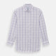 The Turnbull & Asser Purple Plaid Check Mayfair Shirt is a long-sleeve button-down with a pointed T&A collar, featuring a purple and blue plaid pattern on white.