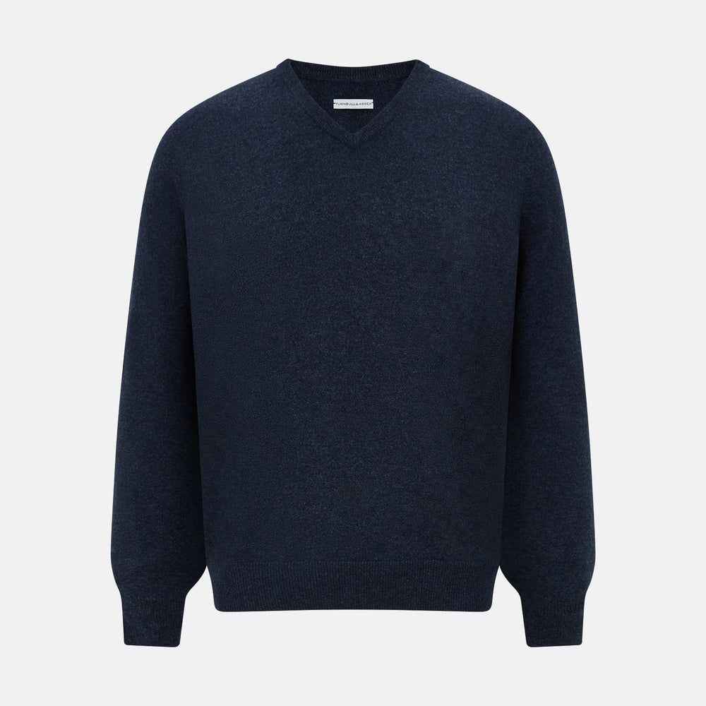 The Turnbull & Asser Navy Melange Cashmere V-Neck Jumper from our knitwear collection is shown against a white background.