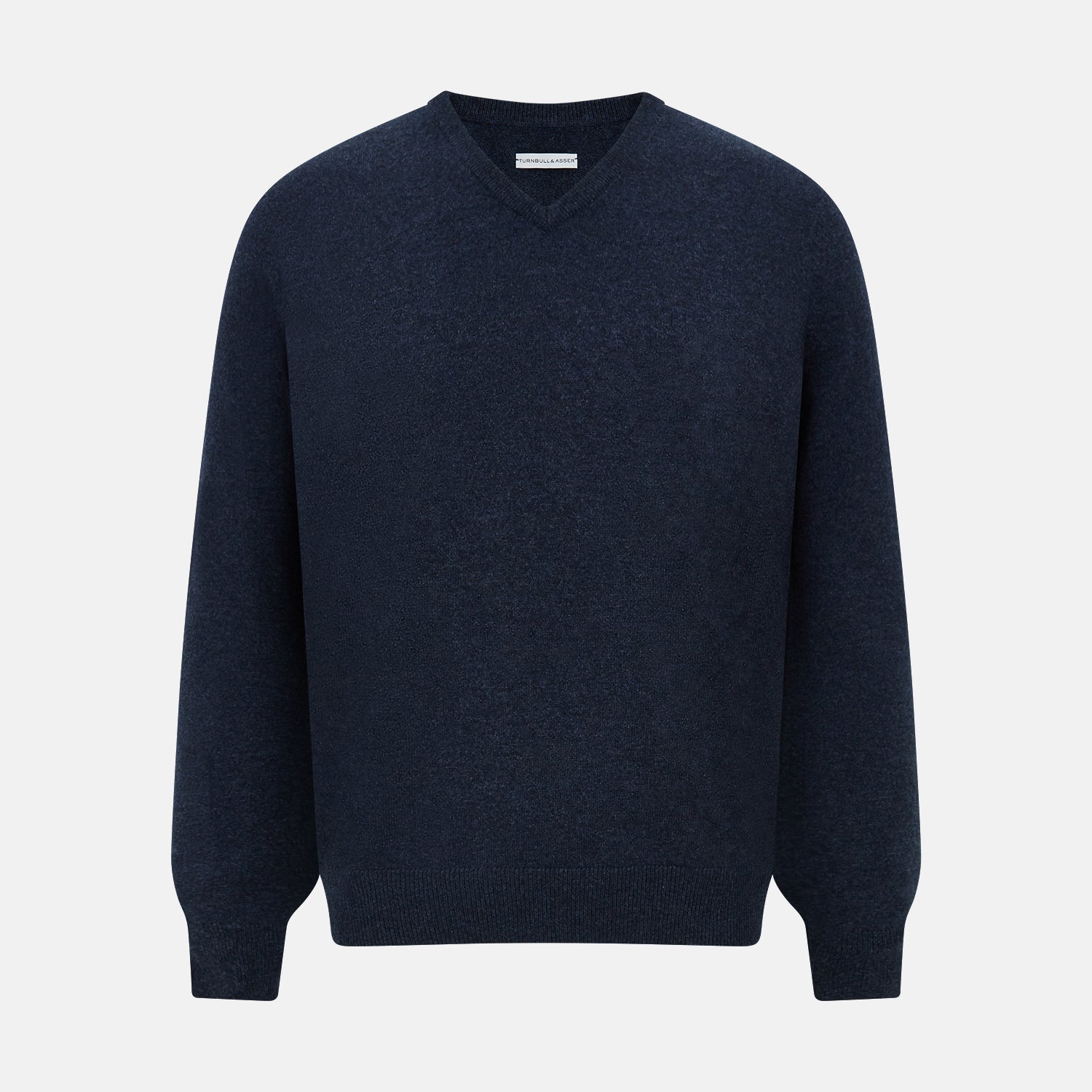 View 1 of product The Turnbull & Asser Navy Melange Cashmere V-Neck Jumper from our knitwear collection is shown against a white background.