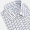 View 2 of product The Turnbull & Asser Navy Multi Stripe Mayfair Shirt features a T&A collar and premium Italian cotton, with vertical blue and white stripes. It is shown neatly laid flat on a white background.