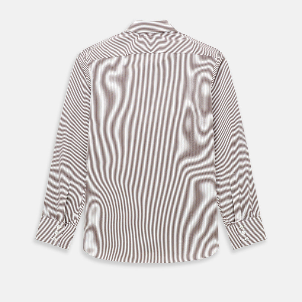 The Burgundy Halo Stripe Westminster Shirt by Turnbull & Asser features long sleeves, a button-up front, a Westminster collar, and thin vertical brown and white stripes, shown on a plain white background.