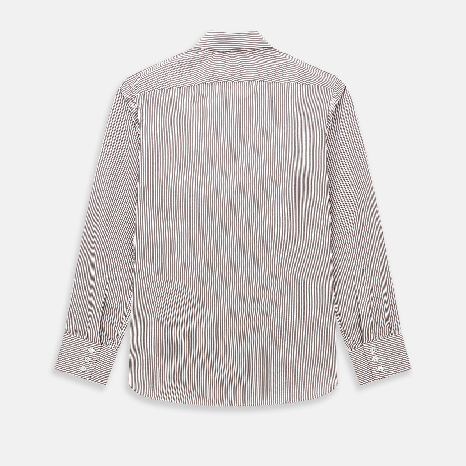 View 3 of product The Burgundy Halo Stripe Westminster Shirt by Turnbull & Asser features long sleeves, a button-up front, a Westminster collar, and thin vertical brown and white stripes, shown on a plain white background.