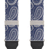 View 2 of product Two Jacquard Silk Paisley Braces by Turnbull & Asser, featuring a blue and white pattern, silver hardware, and black leather ends, are displayed side by side on a plain white background.