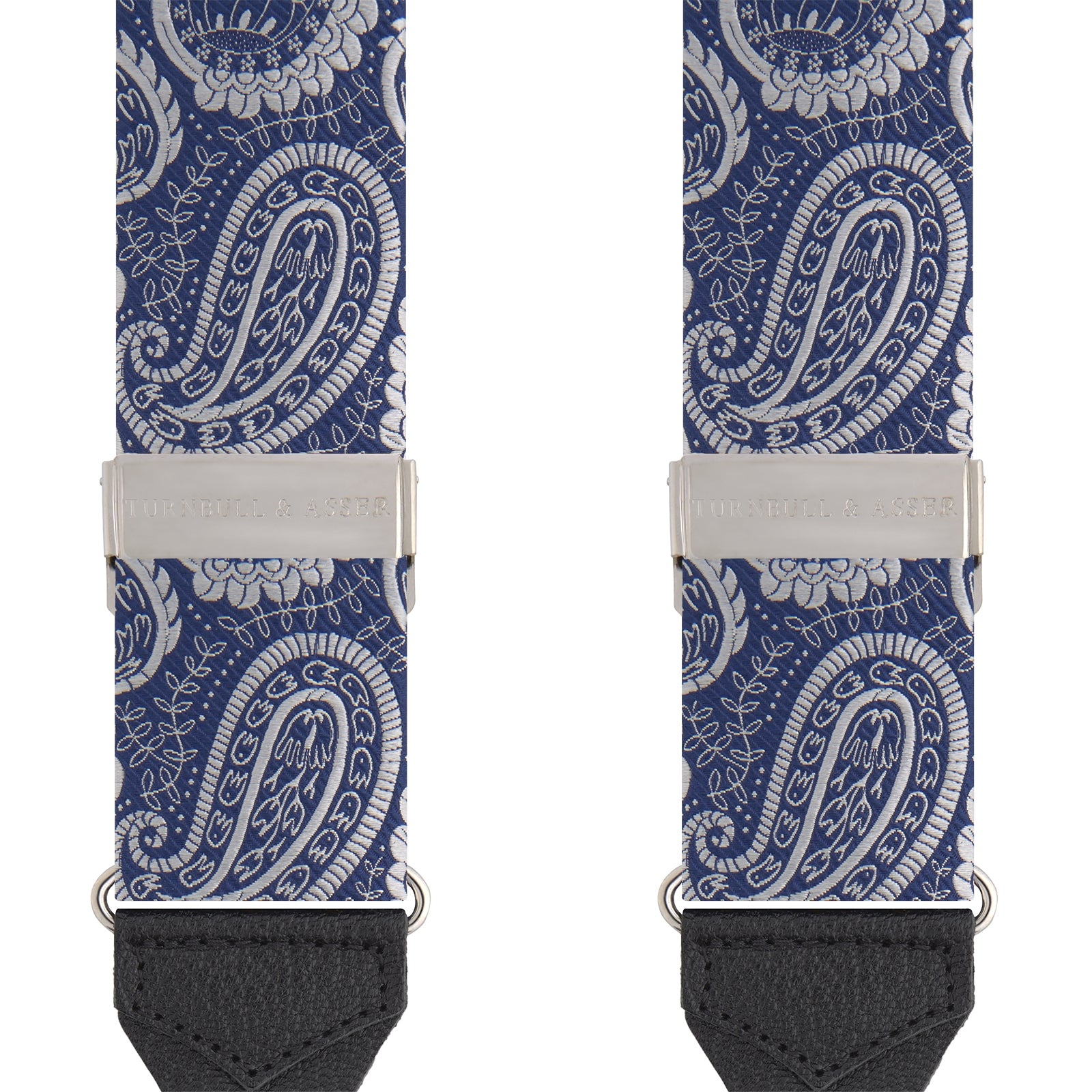 View 2 of product Two Jacquard Silk Paisley Braces by Turnbull & Asser, featuring a blue and white pattern, silver hardware, and black leather ends, are displayed side by side on a plain white background.