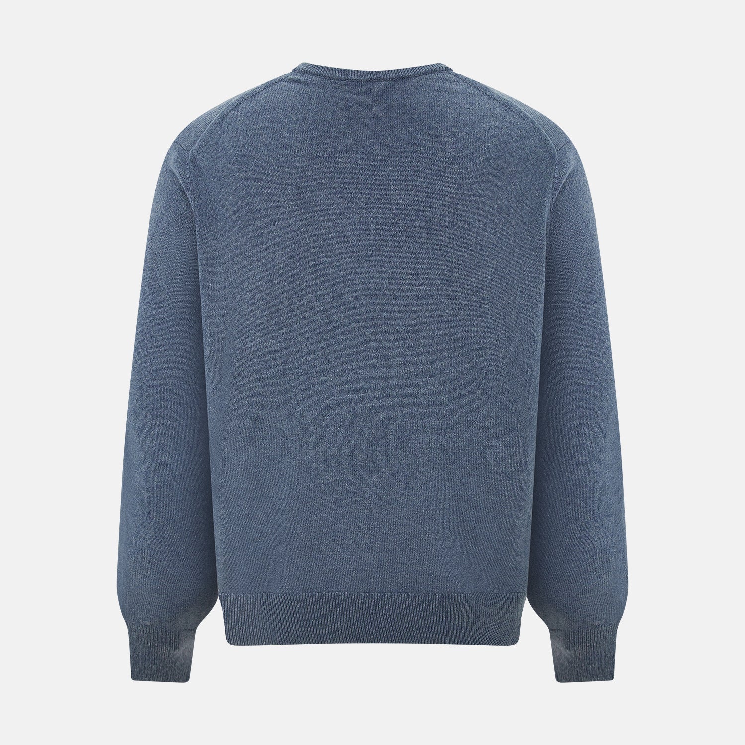 View 3 of product The Blue Melange Cashmere V-neck Jumper by Turnbull & Asser, featuring ribbed cuffs and hem, is part of our knitwear collection and shown against a white background.