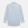 View 3 of product The Turnbull & Asser Blue Plaid Check Mayfair Shirt is a long-sleeve, button-down shirt with a T&A collar and blue and white plaid pattern, shown on a white background.
