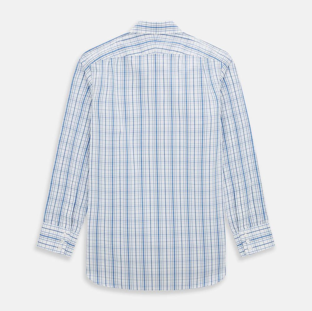 The Turnbull & Asser Blue Plaid Check Mayfair Shirt is a long-sleeve, button-down shirt with a T&A collar and blue and white plaid pattern, shown on a white background.
