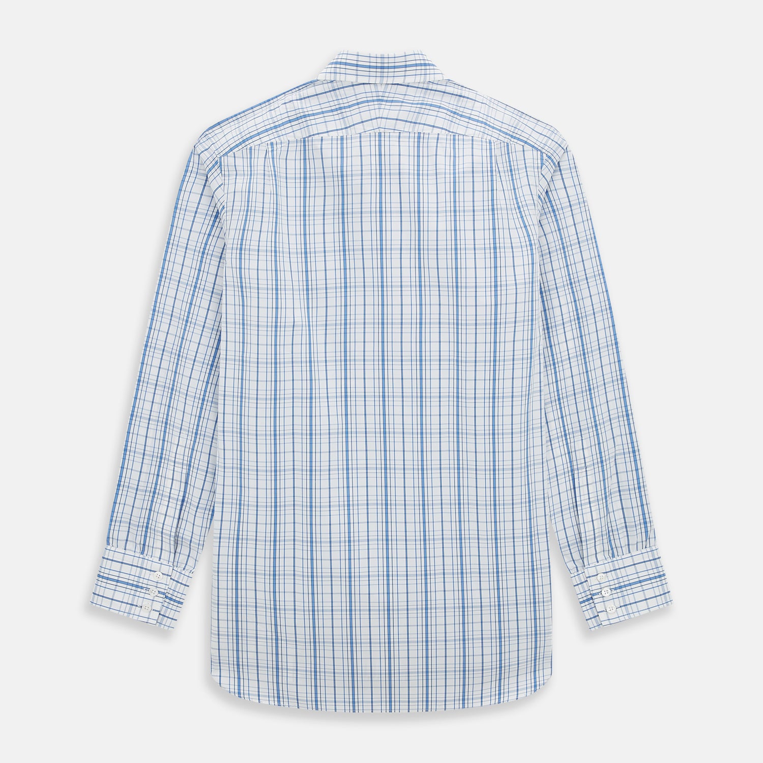 View 3 of product The Turnbull & Asser Blue Plaid Check Mayfair Shirt is a long-sleeve, button-down shirt with a T&A collar and blue and white plaid pattern, shown on a white background.