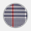 View 1 of product A circular swatch of Turnbull & Asser’s Navy and Red Prince of Wales Wide Check Cotton Fabric displays navy, white, and red intersecting stripes in a traditional check pattern, outlined by a gray border.