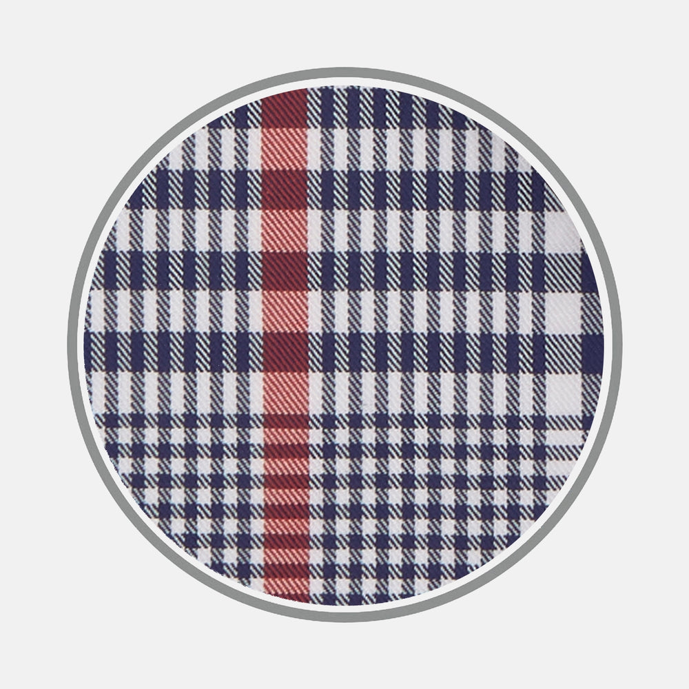 A circular swatch of Turnbull & Asser’s Navy and Red Prince of Wales Wide Check Cotton Fabric displays navy, white, and red intersecting stripes in a traditional check pattern, outlined by a gray border.