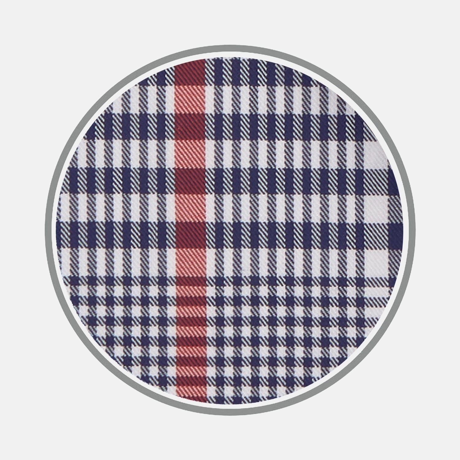 View 1 of product A circular swatch of Turnbull & Asser’s Navy and Red Prince of Wales Wide Check Cotton Fabric displays navy, white, and red intersecting stripes in a traditional check pattern, outlined by a gray border.