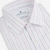 View 9 of product The Turnbull & Asser Pink and Blue Wide Pinstripe Mayfair Shirt features long sleeves, T&A collar, button-down front, and buttoned cuffs. It has bold pink and blue pinstripes on white and is laid flat on a white surface.
