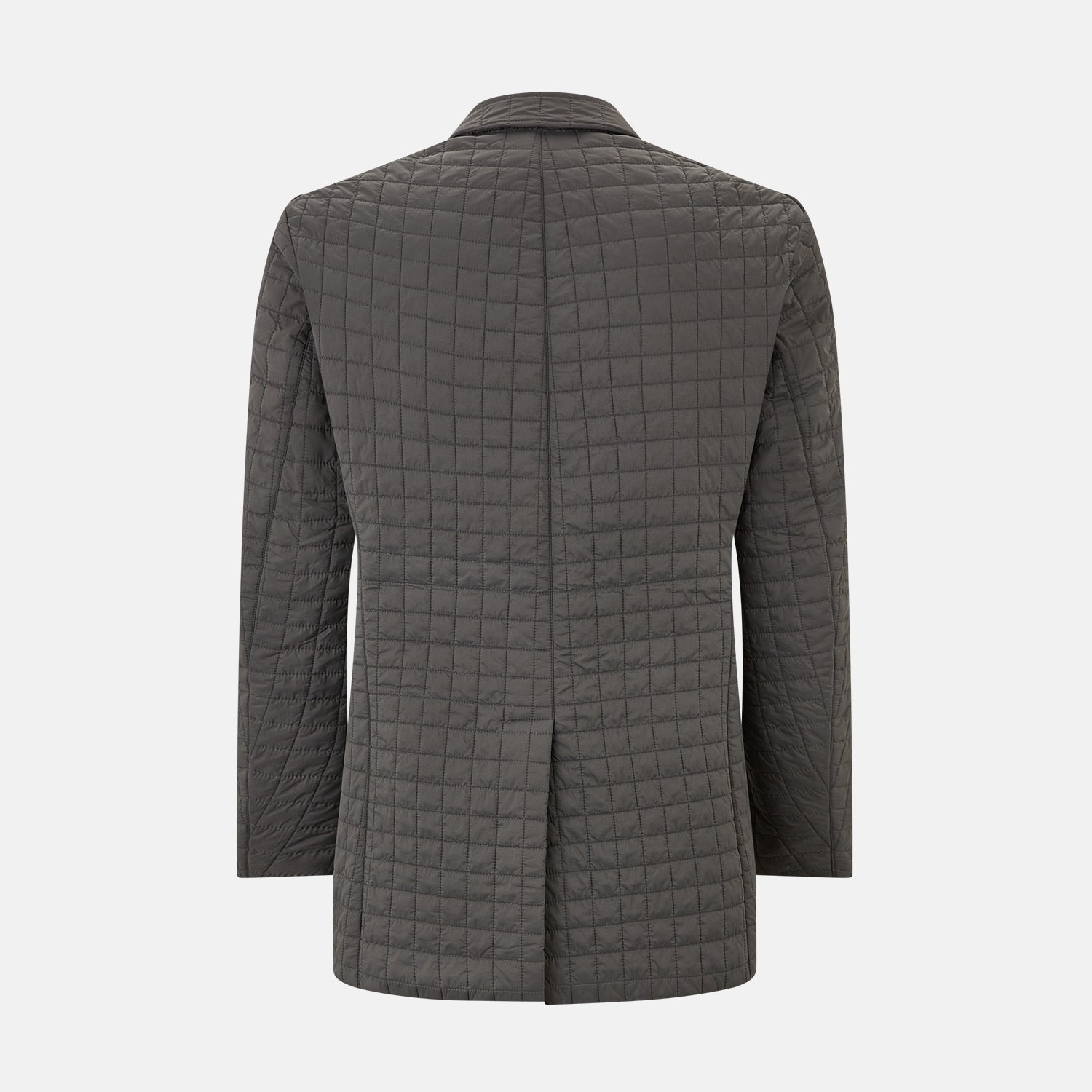 View 3 of product The Fulham Shadow Grey Single-Breasted Quilted Blazer by Turnbull & Asser features a checkered pattern, notched lapel, three front buttons, chest pocket, and two flap pockets—ideal for formal wear on a plain white background.