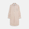 View 1 of product The Burgundy Multi Striped Cotton Sussex Nightshirt by Turnbull & Asser features long sleeves, knee length, a pointed collar, chest pocket, burgundy and beige stripes on white, buttoned cuffs, and a curved hem for classic sleepwear style.
