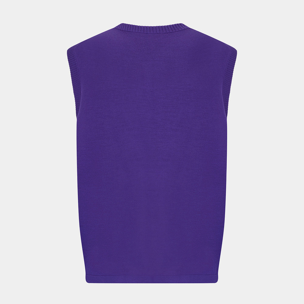 The Turnbull & Asser Purple Fine Merino V-Neck Vest is a sleeveless gentleman’s sweater with a ribbed collar, shown against a plain white background.