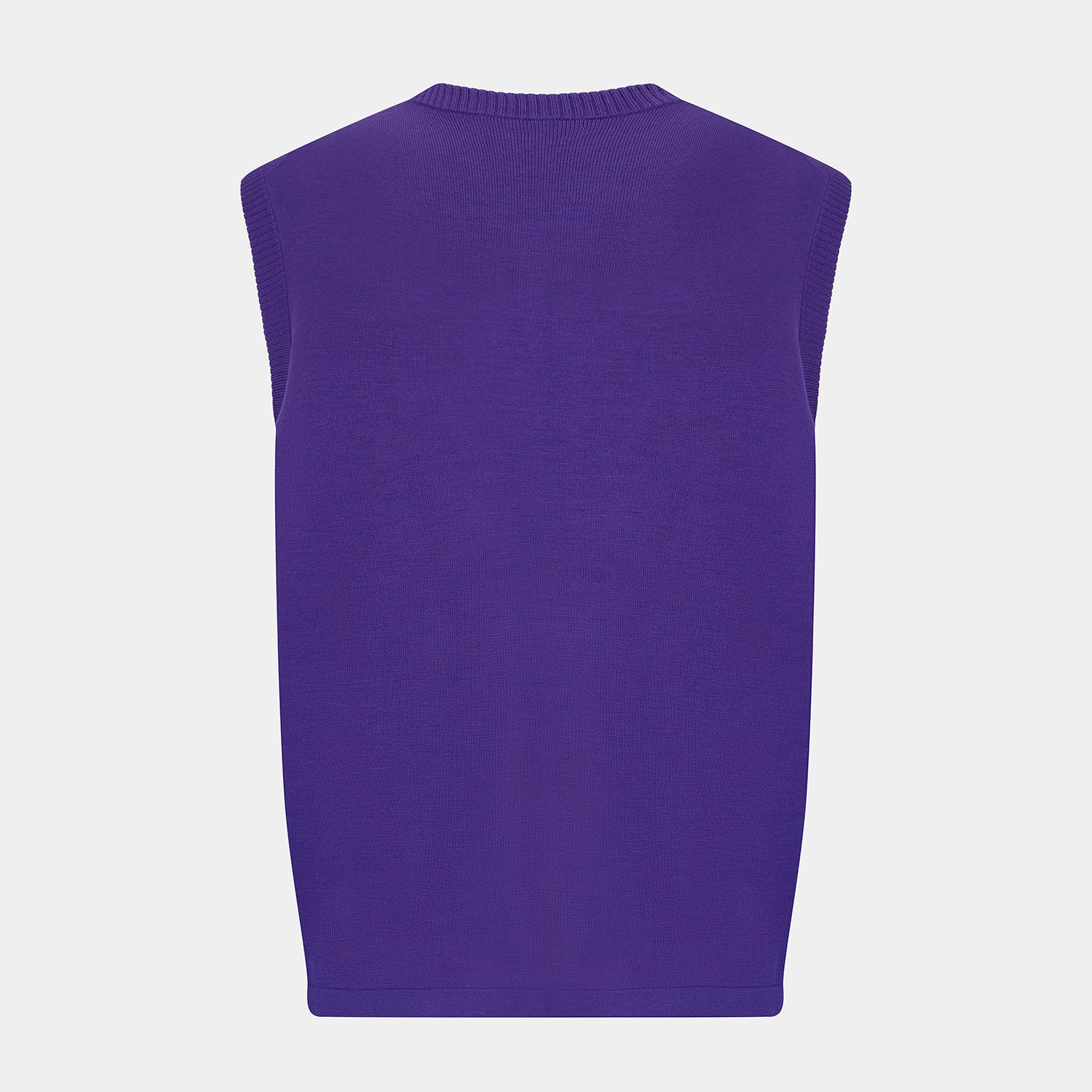 View 3 of product The Turnbull & Asser Purple Fine Merino V-Neck Vest is a sleeveless gentleman’s sweater with a ribbed collar, shown against a plain white background.