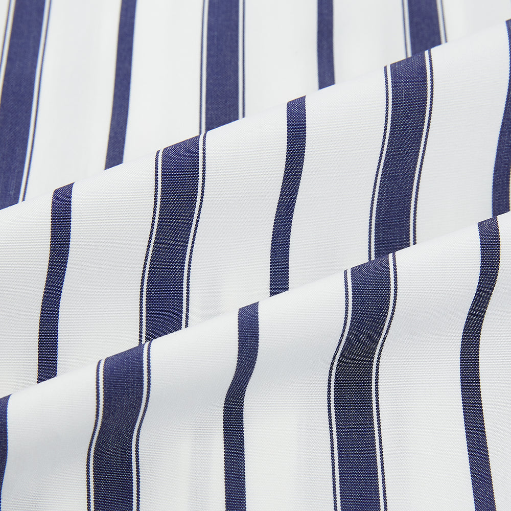 The Navy Double Stripe Mayfair Shirt by Turnbull & Asser features classic long sleeves, buttoned cuffs, a collar, and a slightly curved hem with timeless vertical navy and white stripes.
