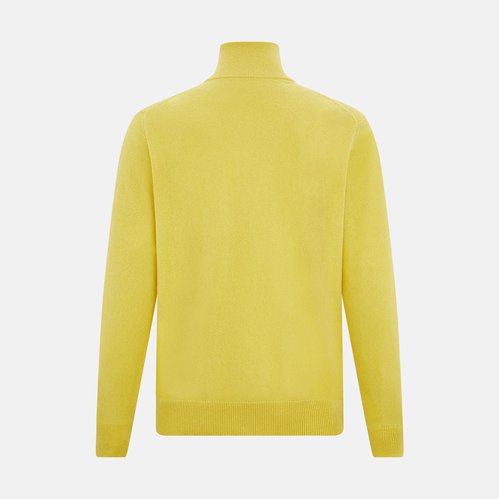 The Turnbull & Asser Canary Yellow Half-Zip Cashmere Jumper features a high collar and front half-zip closure, shown against a white background.