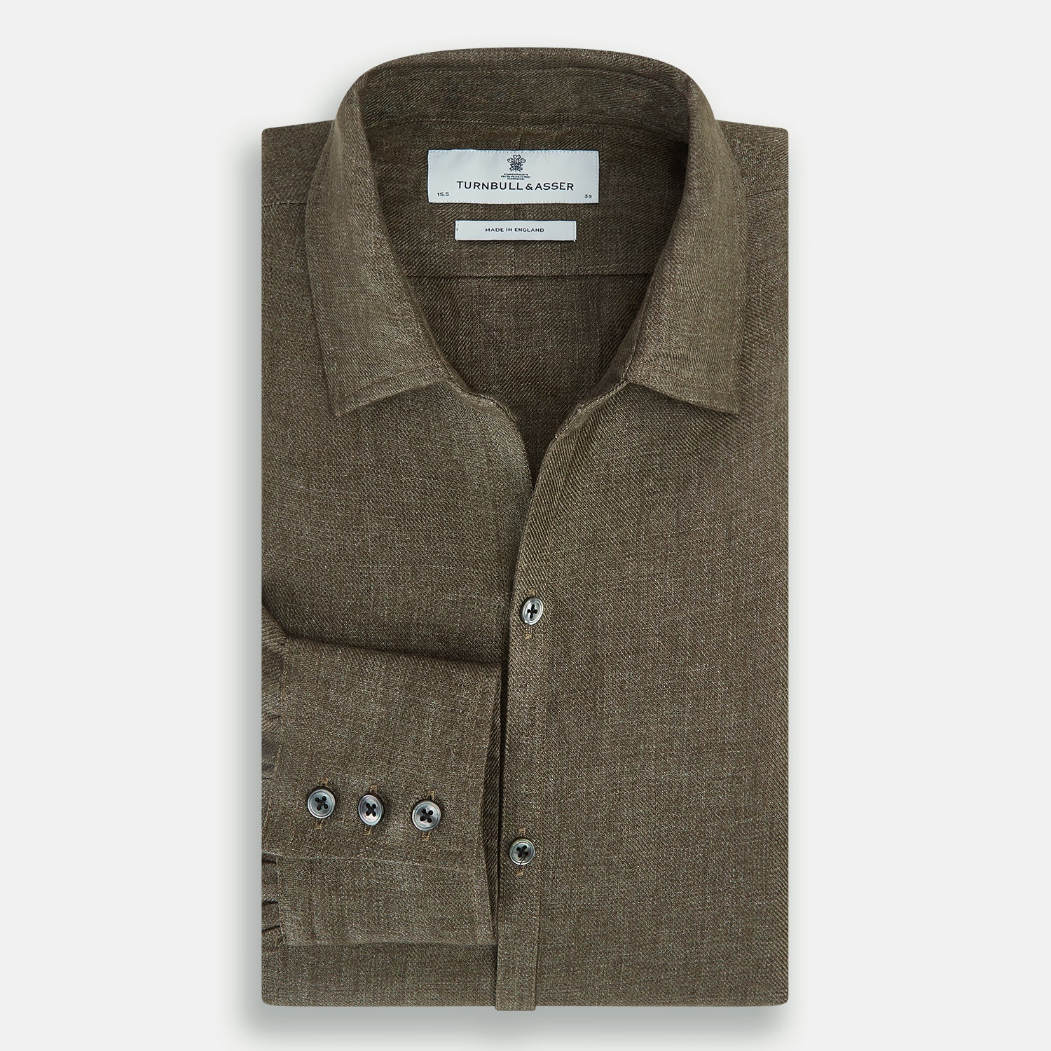View 5 of product The Olive Linen Windsor Shirt by Turnbull & Asser features long sleeves, a classic Windsor collar, buttoned cuffs, and a straight hem—expertly crafted in Britain and shown against a white background.