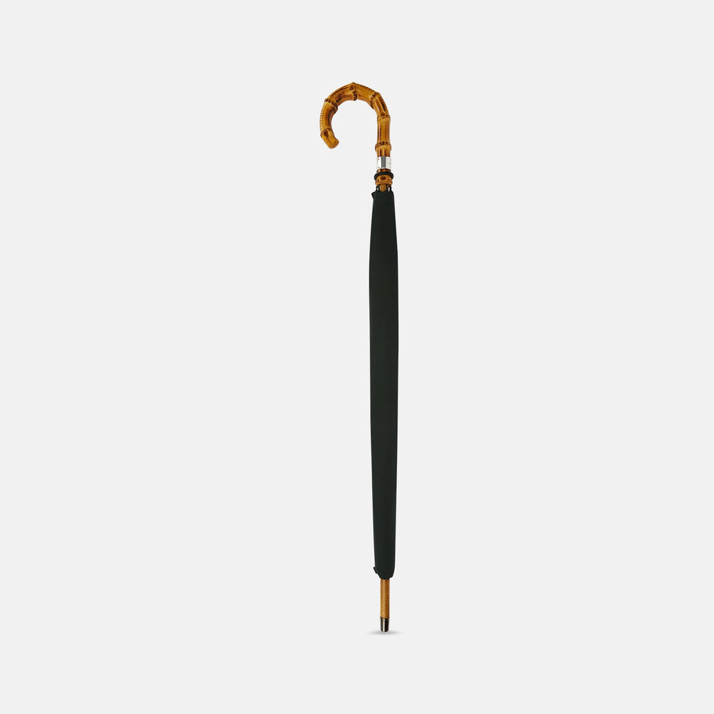 The Forest Green Umbrella with Whangee Crook Handle by Turnbull & Asser features a wooden shaft and classic curved handle—a sophisticated men’s accessory shown fully opened against a white background.