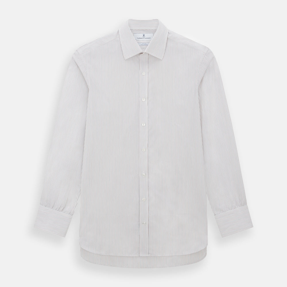 The Turnbull & Asser Burgundy Multi Hairline Stripe Mayfair Shirt features long sleeves, a classic collar, buttoned cuffs, and slim vertical stripes—ideal for formal wear and shown against a plain white background.