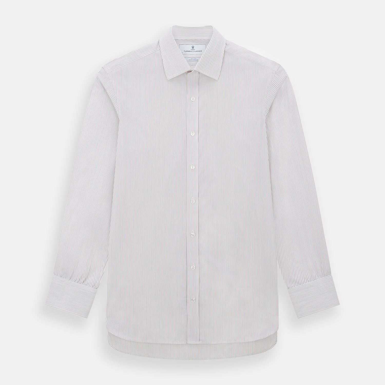 View 1 of product The Turnbull & Asser Burgundy Multi Hairline Stripe Mayfair Shirt features long sleeves, a classic collar, buttoned cuffs, and slim vertical stripes—ideal for formal wear and shown against a plain white background.