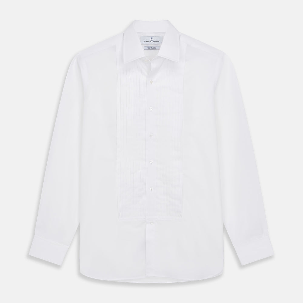 The Turnbull & Asser White Pleated Cotton Dress Shirt features a T&A collar and double cuffs, shown laid flat on a white background.